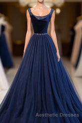 Dark Blue Tulle Long Evening Prom Dresses, Dark Blue Tulle Evening Prom Dresses